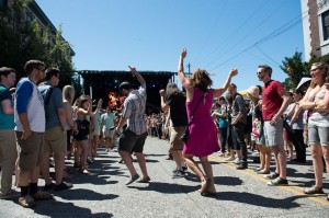 chbp-dancers-saturday1 Festivalgoers dance in the street on Saturday (photo: Jim Bennett)