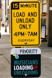city-of-seattle-priority-load-zone-sign-rachel-white Musicians priority loading signs (photo: Rachel White)